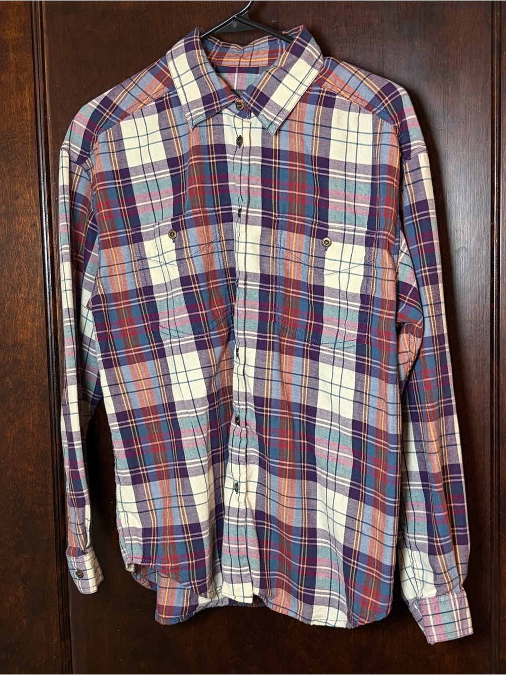Lizwear Plaid Flannel Shirt Medium Purple Cotton Back Button Pleat 90s Vintage